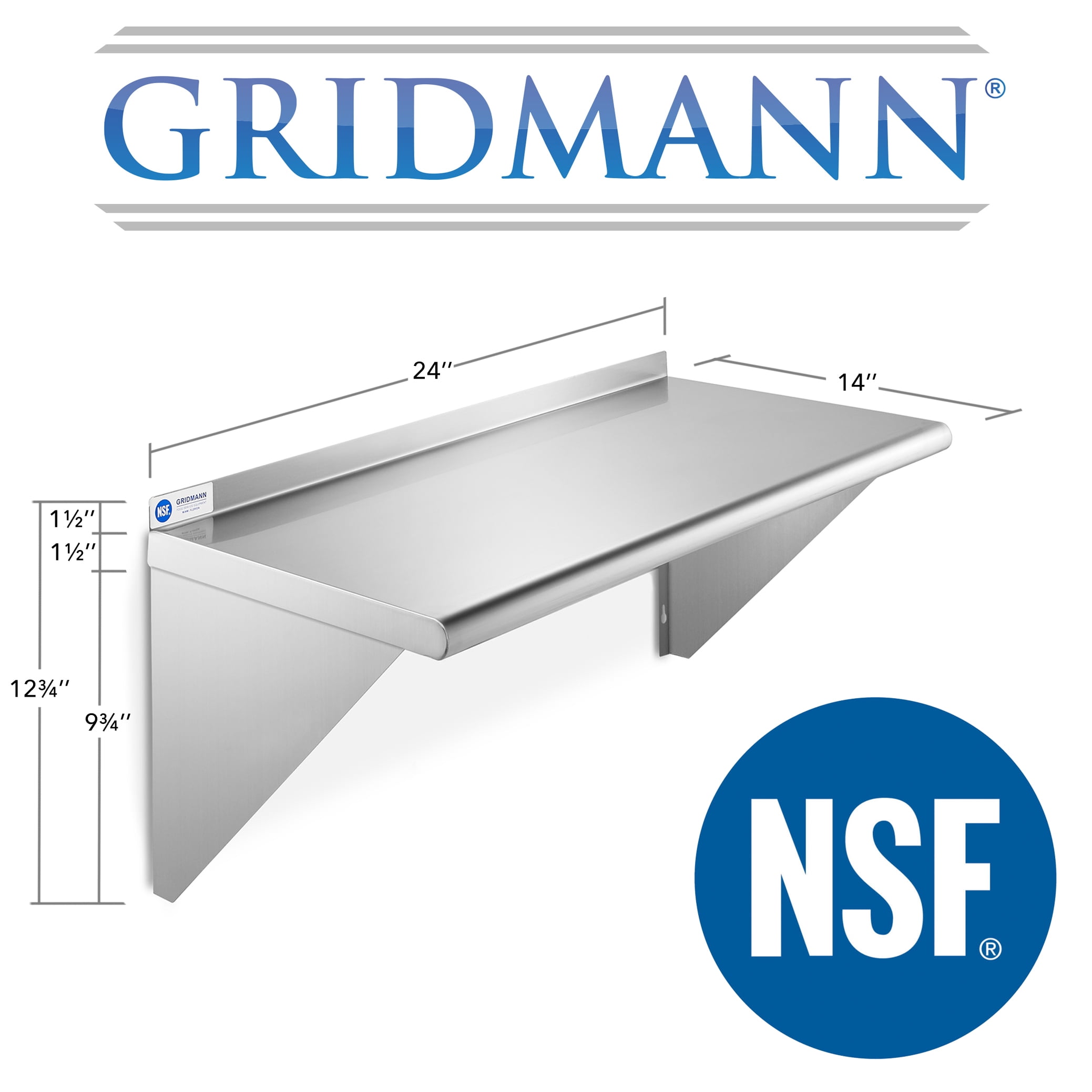 GRIDMANN 14" x 24" NSF Stainless Steel Kitchen Wall Mount Shelf w/ Backsplash