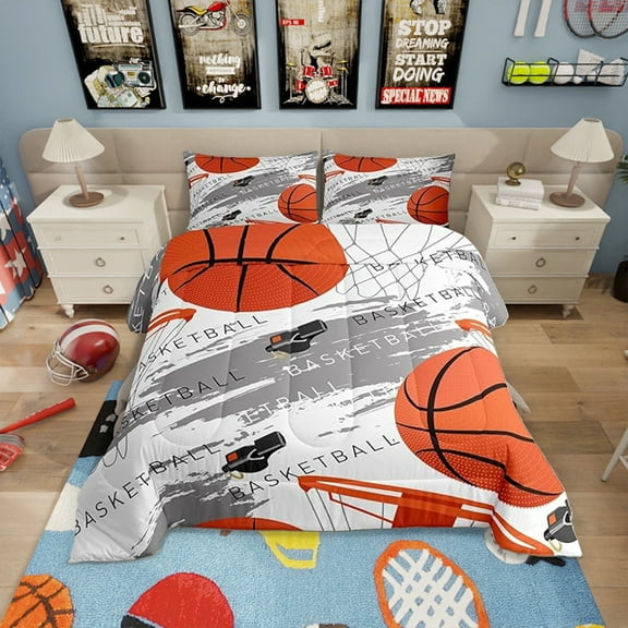 Basketball Comforter Set Orange Basketball Print Bedding Set Teens Room Decor, Sports Gaming Theme Quilt Set Grey Stains Print Duvet Set