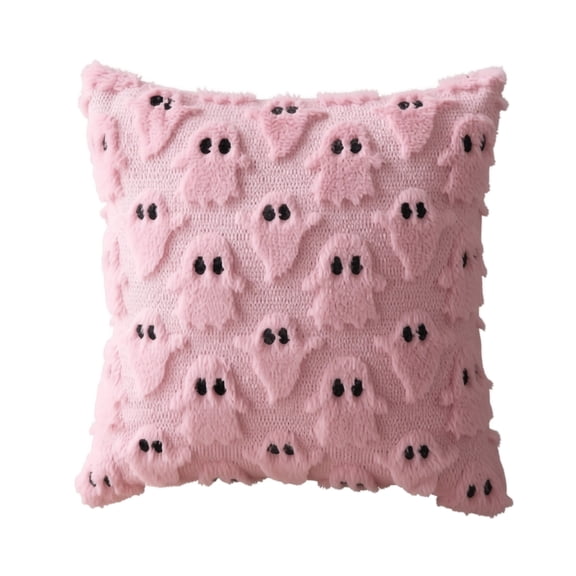 Halloween Throw Pillow Cover, Pink Plush Ghost Pattern, 17.7 Inch Square 1 Piece, Halloween Holiday Decorative Cushion Cover for Sofa Couch Bedroom Living Room Halloween Party Decoration