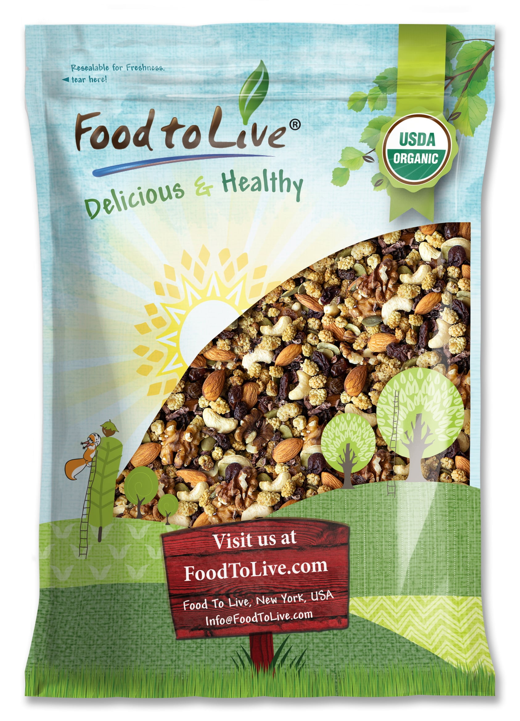 Organic Snack Wise Trail Mix, 4 Pounds — Raw and Non-GMO Mix Contains Cacao Nibs, Raisins, Almonds, Cashews, Walnuts, Mulberries, Pumpkin Seeds. Vegan Superfood, Kosher, No Added Sugar, Bulk
