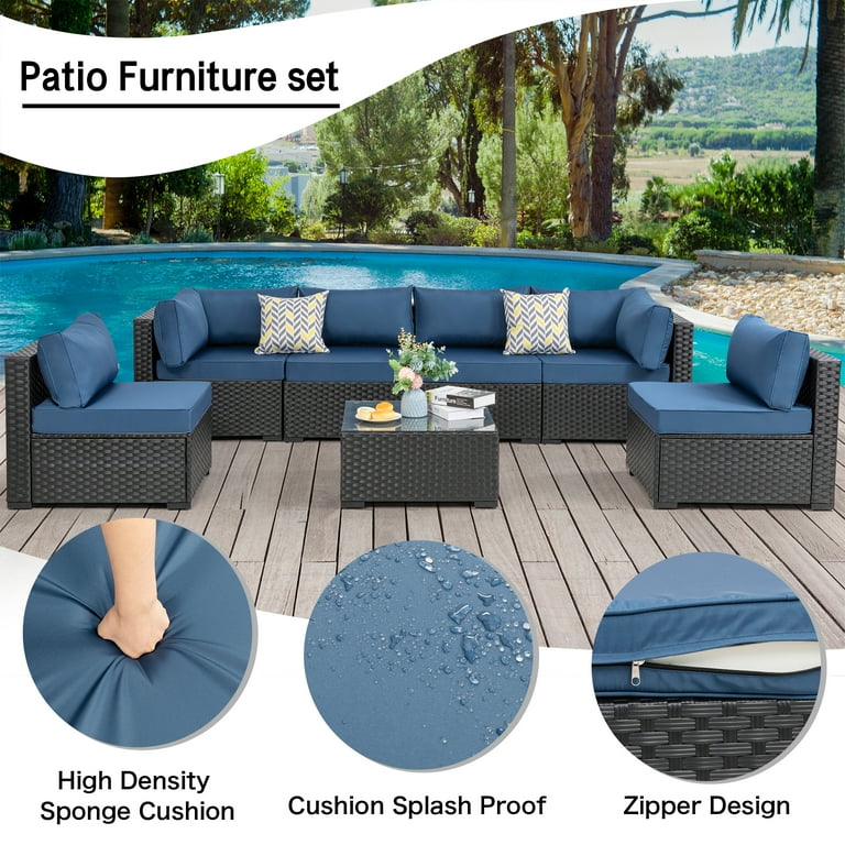 7 Pieces Outdoor Sectional Sofa Furniture Sets All Weather Black Wicker Patio Furniture Sets with Tea Table and Washable Couch Cushions Aegean Blue
