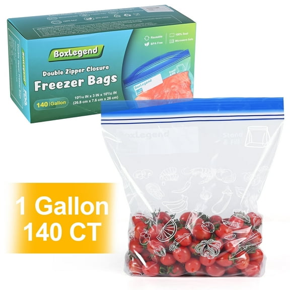 BoxLegend 1 Gallon Freezer Bags, Double Zipper Food Storage Bags, Reusable, 140 Count, Clear