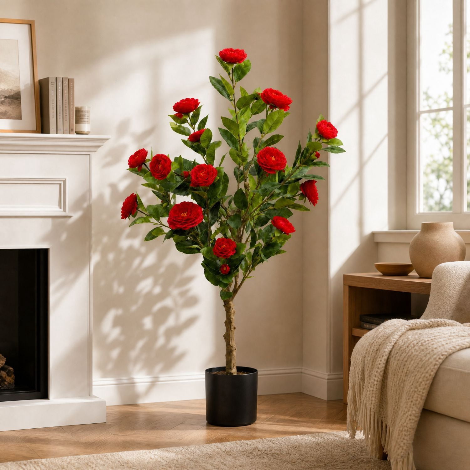 Easy4Home 3.3FT Artificial Flower Plant Fake Camellia Tree Potted Indoor, Red