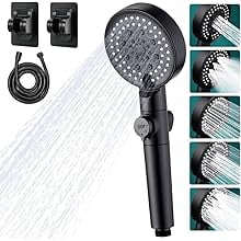 Shower Head with Hose and on off Switch, 3 Setting High Pressure Handheld Shower Head, Removable Shower Head with hose, Adjustable Angle Bracket, Low-Reach Wand Holder, Black
