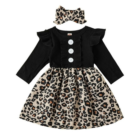

Honeeladyy Clearance under 10$ Infant Toddler Baby Girls Long Sleeve Floral Leopard Print Dress Headband Two Piece Set