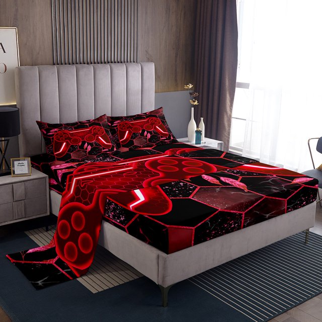 Erosebridal Red Gamepad Sheet Set King, Gradient Geometry Bedding Sets King Size, Leaf Plant Decor 4-Piece