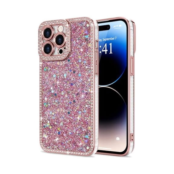 for iPhone 14 Pro Case Glitter, Luxury Shiny Bling Sparkly Bumper Cover with Crystal Diamonds for Women Girls Soft TPU Slim Shockproof Protective Phone Case for iPhone 14 Pro 6.1", Pink