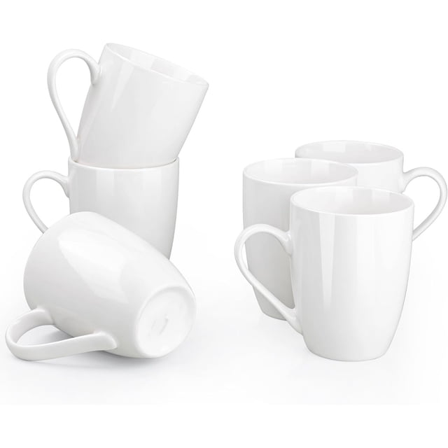 Juego de 6 tazas de café de 12 oz, Tazas color blanco claro con asa grande para hombre, mujer, papá, mamá, Tazas de café ligeras para café con leche/capuchino/cacao/leche, aptas para