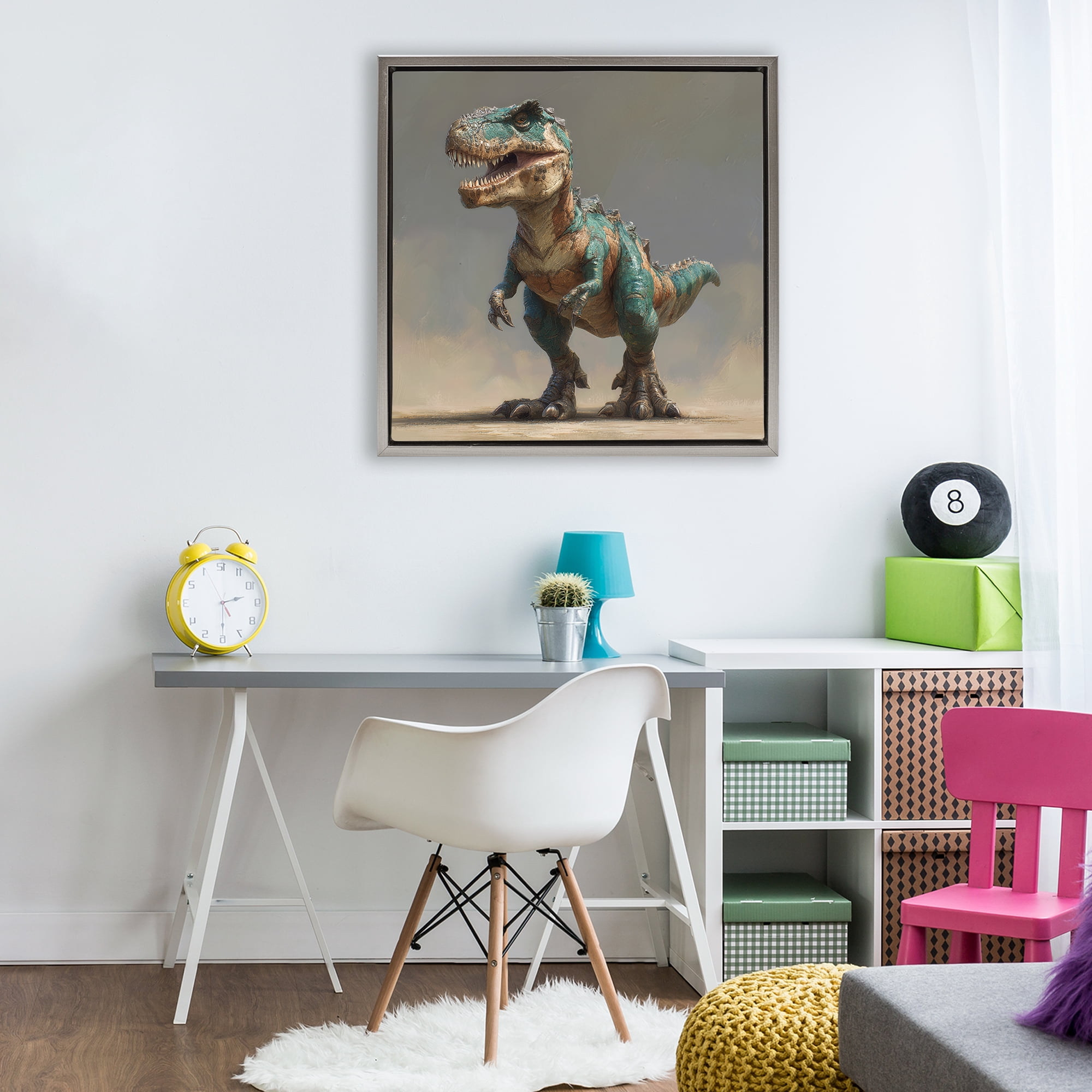 Stupell Industries Turquoise T-Rex Study Gray Framed Floater Canvas Wall Art, design by Wumples