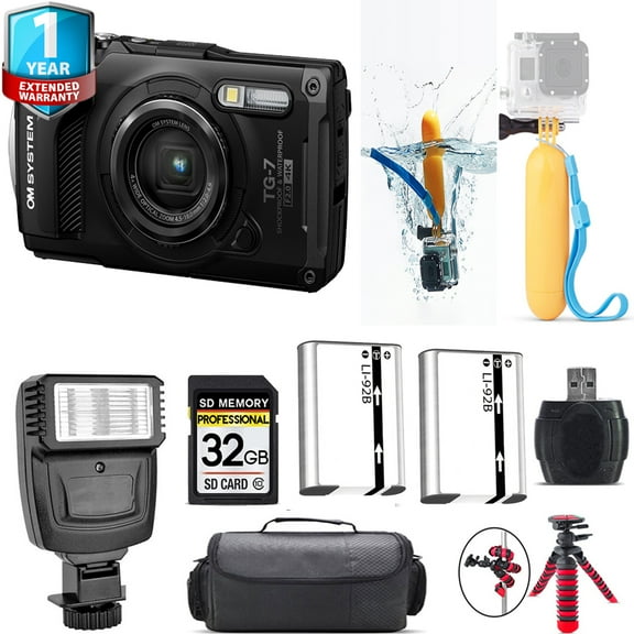 Olympus OM SYSTEM Tough TG-7 Digital Camera (Black)   Floating Hand Grip    Extra Battery   1 Yr Warranty   32GB (International Version)