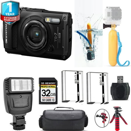 Olympus OM SYSTEM Tough TG-7 Digital Camera (Black) + Floating Hand Grip + Extra Battery + 1 Yr Warranty + 32GB