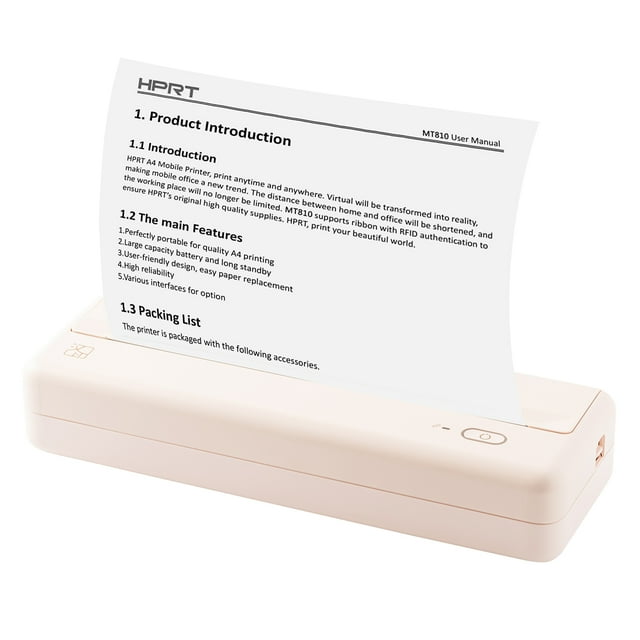 HPRT Hanvon MT810 A4 Portable Thermal Printer with Bluetooth & USB, Large Paper Tray, Web/Text/Image/Exam Printing, Includes 210mm Thermal Paper Roll (25 A4 Sheets), Built-in Lithium Battery, Pink