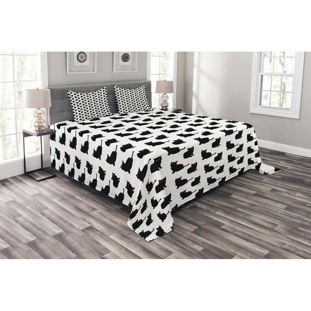 Cat Bedspread Set Queen Size, Cute Black Cat Figures on White Backdrop