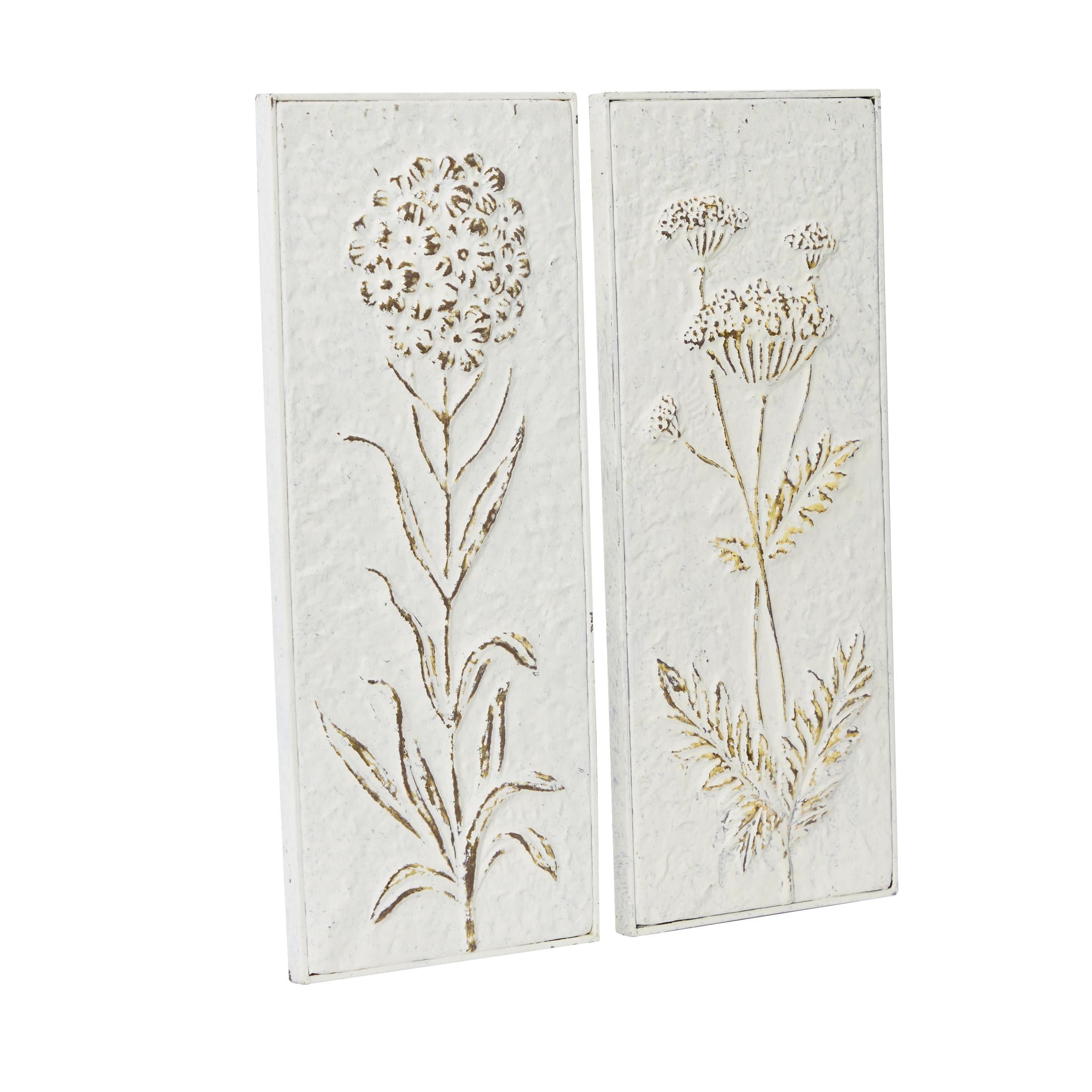 DecMode White Metal Panel Relief Floral Wall Decor with Gold Detailing (2 Count)