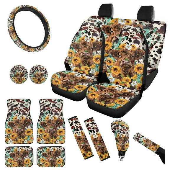 Yuyamidu 15 PCS Highland Cow Car Seat Cover Set with Floor Mats Cow Print Steering Wheel Cover Sunflower Seat Belt Covers Handbrake Cover Set Coasters for Truck Sedan