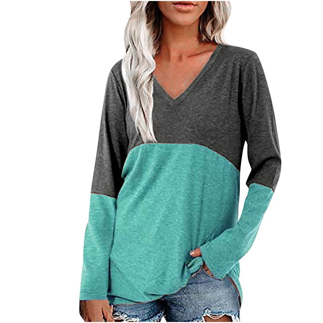 Camisas Para Mujer Casual Manga Larga Cuello en V Tops Patchwork Blusa Suelta Camisas Odeerbi ODB129510