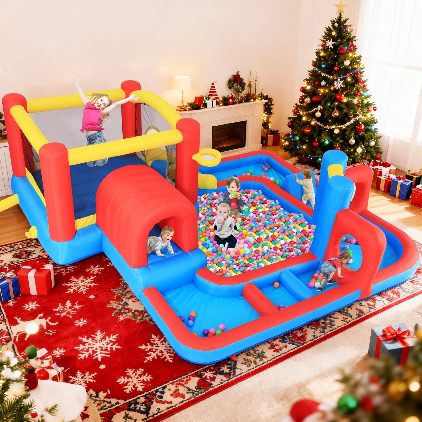 Adnoom 7 in1 Inflatable Water Slide Park for Kids 3~8 Years, Indoor/Outdoor Obstacle Course Bounce House Splash Pool with 520W Blower, Slide,BasketBall Hoop,Jumping Area Wet & Dry Bouncy Castle