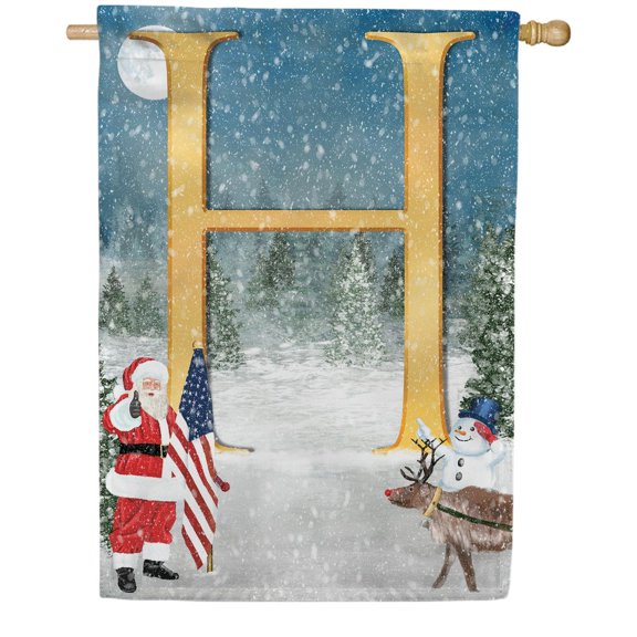 America Forever Monogram Christmas House Flag Letter H 28 x 40 inch Double Sided USA Patriotic Snowman and Santa Christmas Holiday Yard Outdoor Decoration