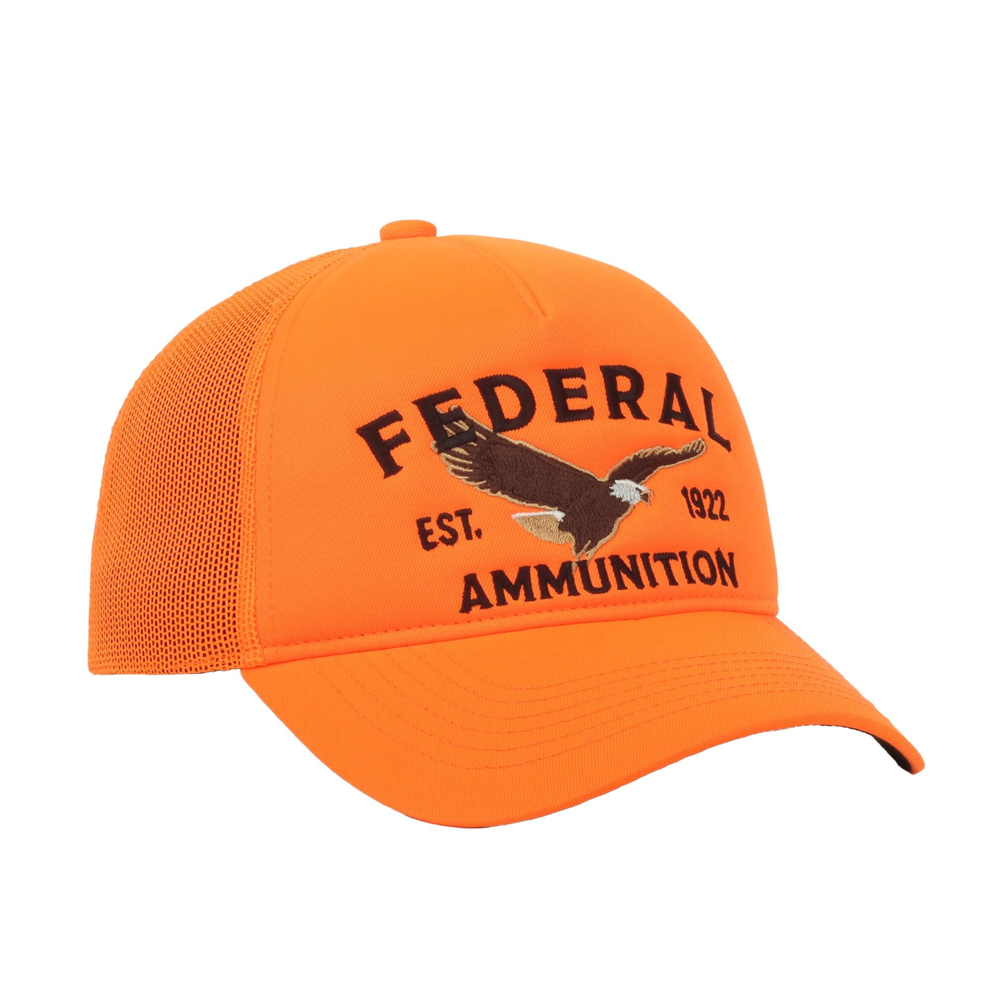 Federal Ammunition Structured 5-Panel Trucker Hat – Blaze Orange Embroidered Eagle Logo Meshback Cap, One Size
