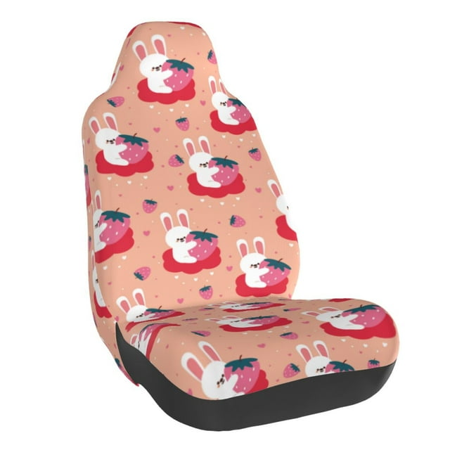 Wukai Bunny And Strawberry Full Set Car Seat Covers with Soft Padding Universal Auto Front Seats Protector and Cushion Mat