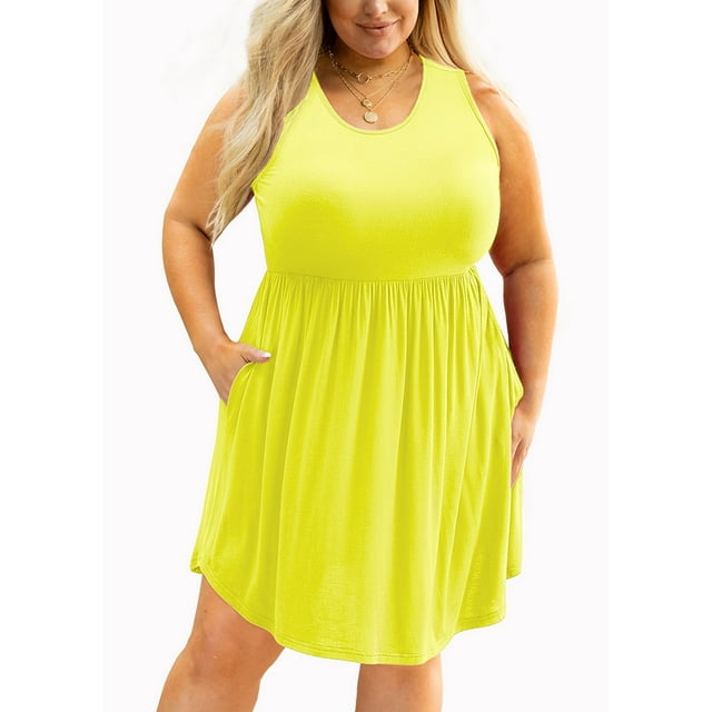SHOWMALL Robe d'Été Grande Taille pour Femmes Jaune 1X Décontractée Sans Manches Col Rond Fluide Plissée Longueur Genou Plage Bohème Élégante Babydoll avec Poches