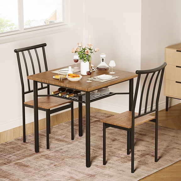3 Piece Square Kitchen Table Set with 2 Chairs and Wine Rack for Small Space