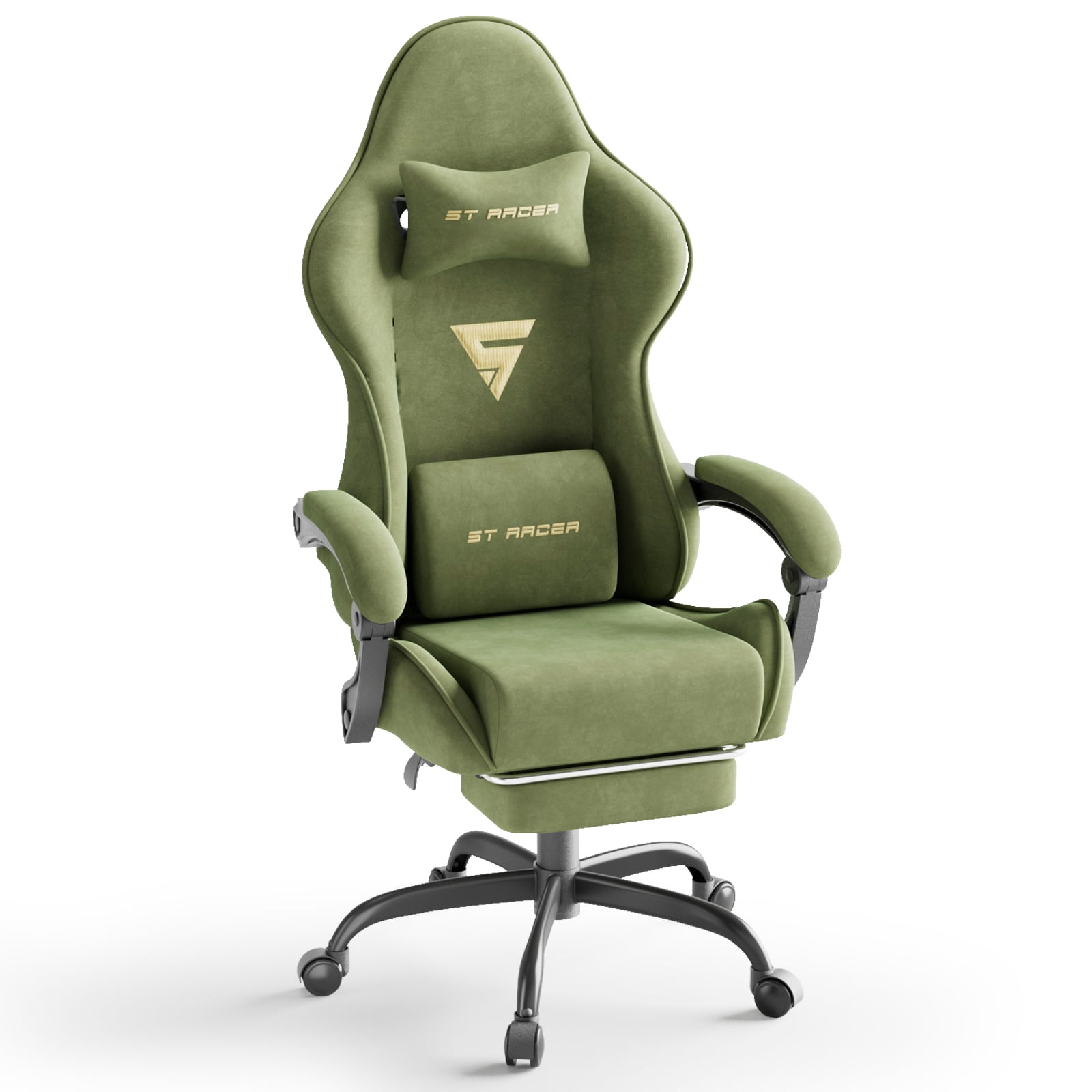 SOONTRANS Gaming Chair with Footrest, High Back Gamer Game Chair for Adult, Velvet Fabric Ergonomic Office Chair with Massage Lumbar Cushion, Reclining Computer Desk Chair ,Green
