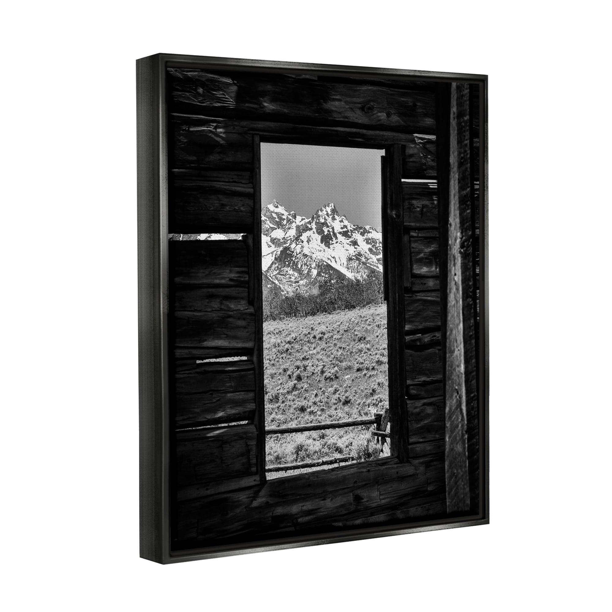 Stupell Industries Mountain in Cabin Window Landscape Photography Black Floater Framed Canvas Art Print Wall Art, 25 x 31