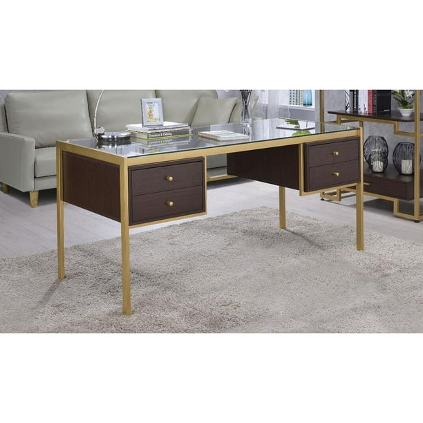 Luxury Tempered Glass Writing Desk With 4 Drawer And Metal Frame Large Executive Office Rectangular In Gold Clear Com Luxury Tempered Glass Writing Desk With, Large Glass Desk With Drawers