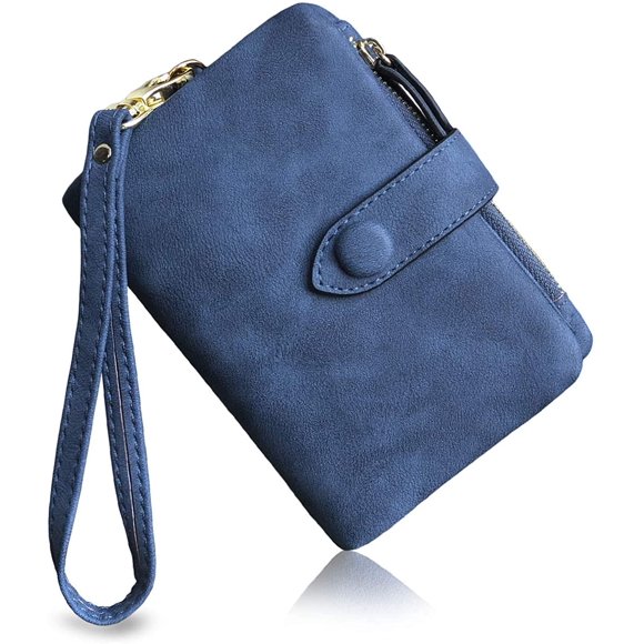 Womens Small Bifold Leather Wallets Rfid Ladies Wristlet with Card slots id window Zipper Coin Purse(Royal Blue)
