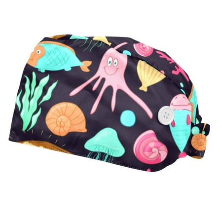 

2PCS Working Cap with Buttons and Sweatband Adjustable Tie Back Hats Bouffant Caps Funny Sea Creatures Scrub Turban Hat