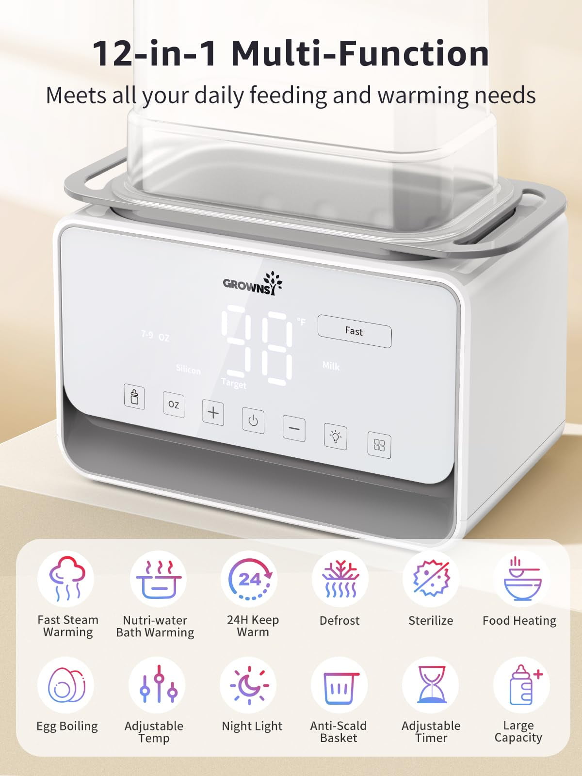 Grownsy Fast Baby Bottle Warmer, 12-in-1 Milk Warmer With Steam and Water Bath Warming Modes for Breastmilk &Formula, With Thaw, Food Heating, Steri-lize, Egg Boil Function