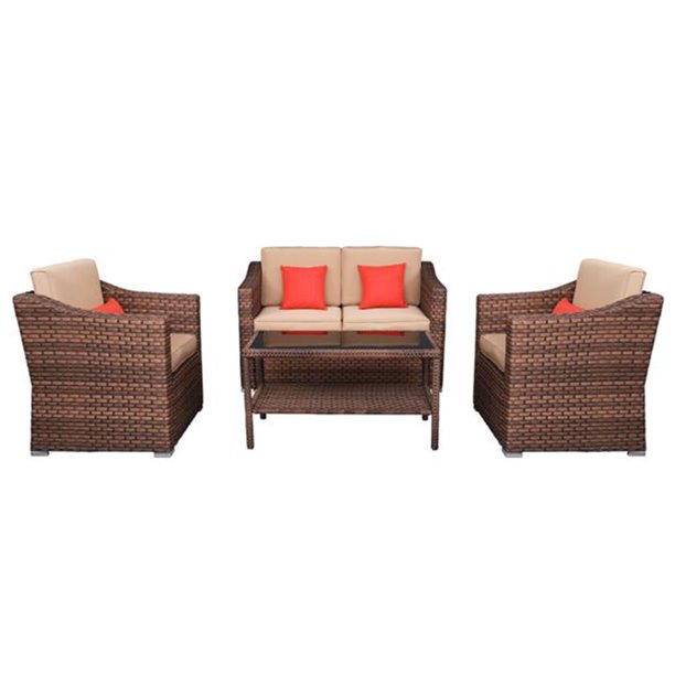 4 Pieces Outdoor Patio Furniture Sets Rattan Chair Wicker Set Indoor Use Backyard Porch Garden Poolside Balcony Clearance Brown And Beige Com 4 Pieces Outdoor Patio Furniture Sets, Indoor Wicker Furniture Clearance