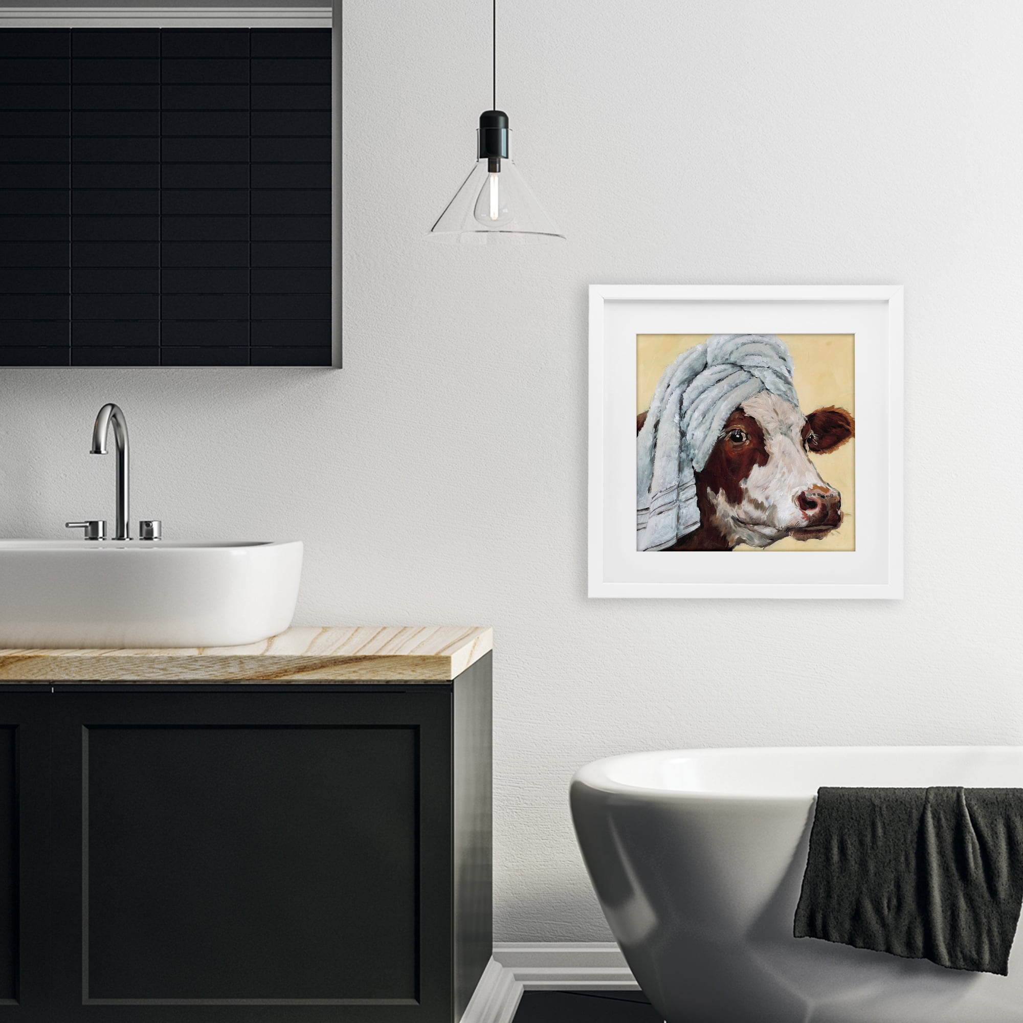 Stupell Industries Cow Spa with Towel White Framed Print Under Glass, design by Studio Bautista