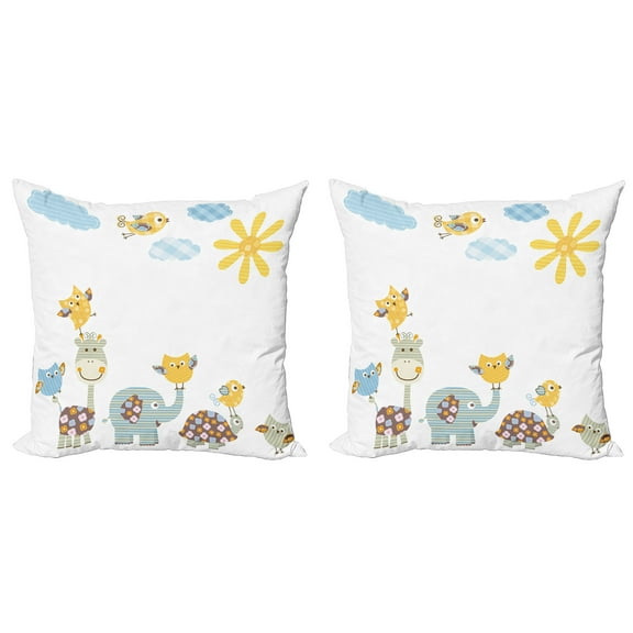 Ambesonne Cartoon Throw Pillow Cover 2 Pack, Jolly Jungle Creatures, 18", Pale Green Pale Blue