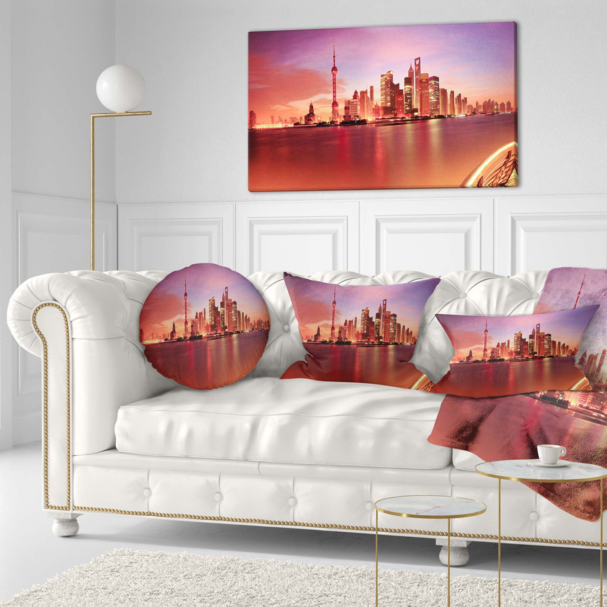 Designart Shanghai Skyline at Dawn Panorama - Cityscape Throw Pillow - 12x20