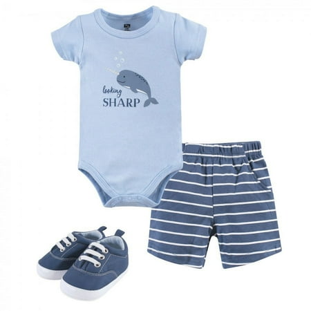UPC: 0660168533804 | Hudson Baby Infant Boy Cotton Bodysuit  Shorts and Shoe 3pc Set  Narwhal  0-3 Months