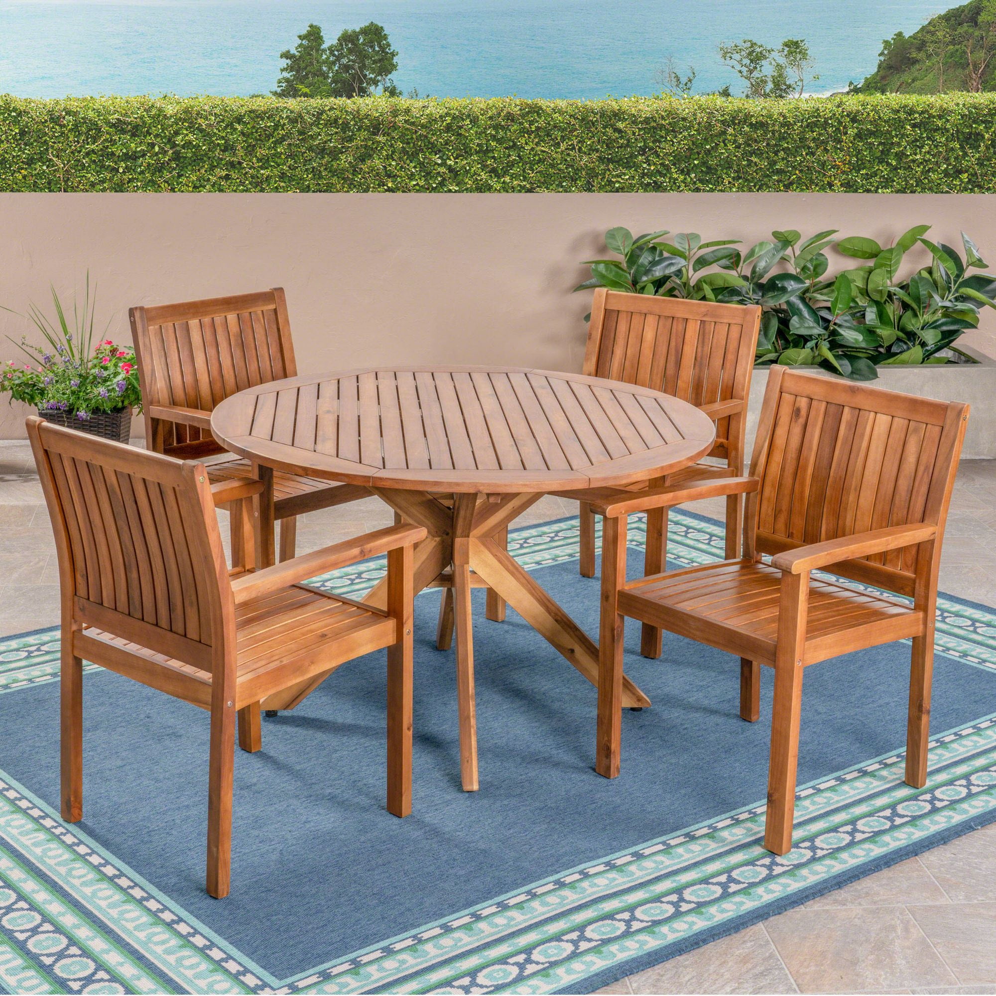 5-Piece Teak Finish Round Outdoor Furniture Patio Dining Set - Walmart.com