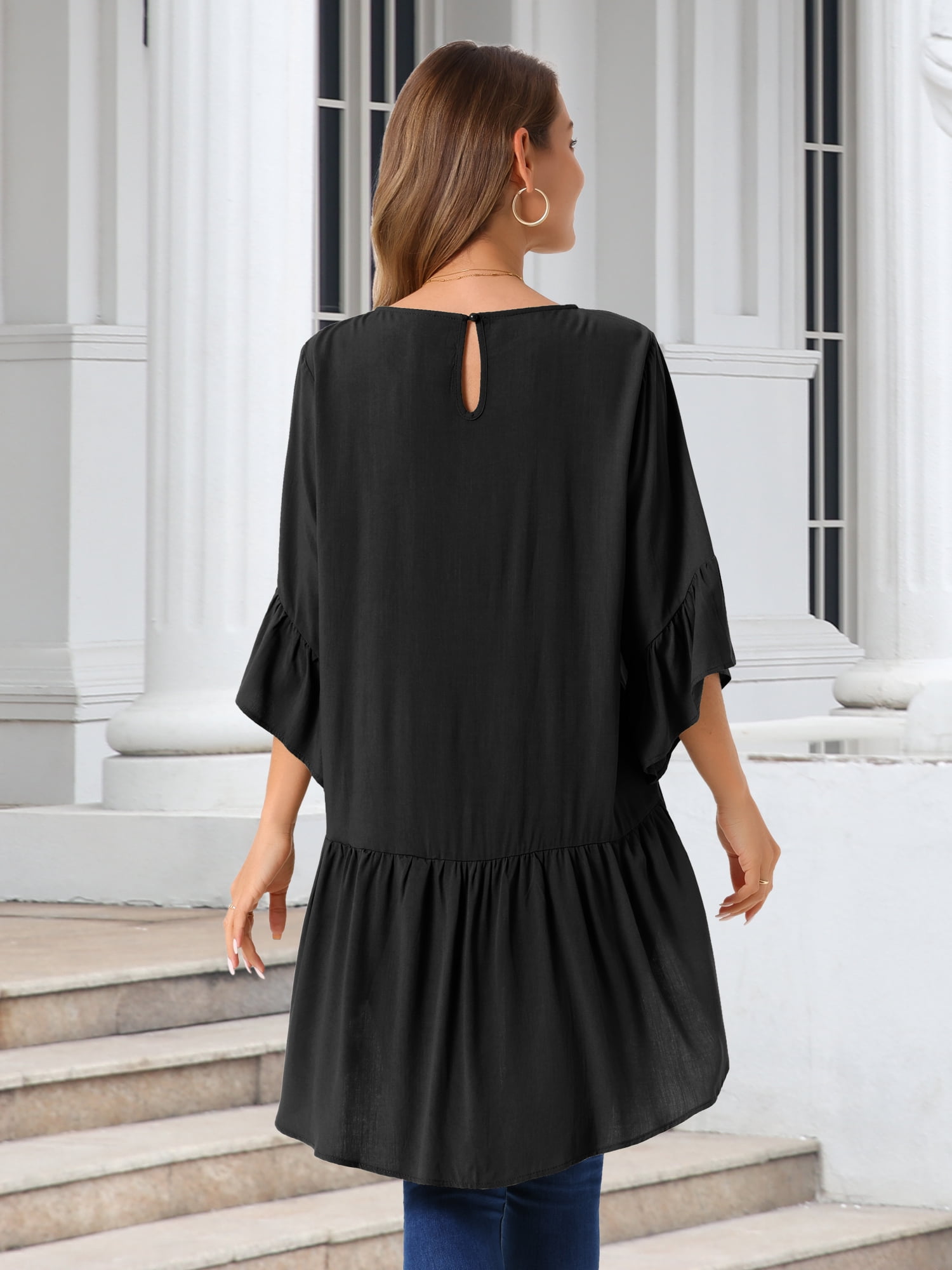 DARING DIVA Women's High Low Tops Bell Sleeve Crewneck Ruffle Blouse M Black
