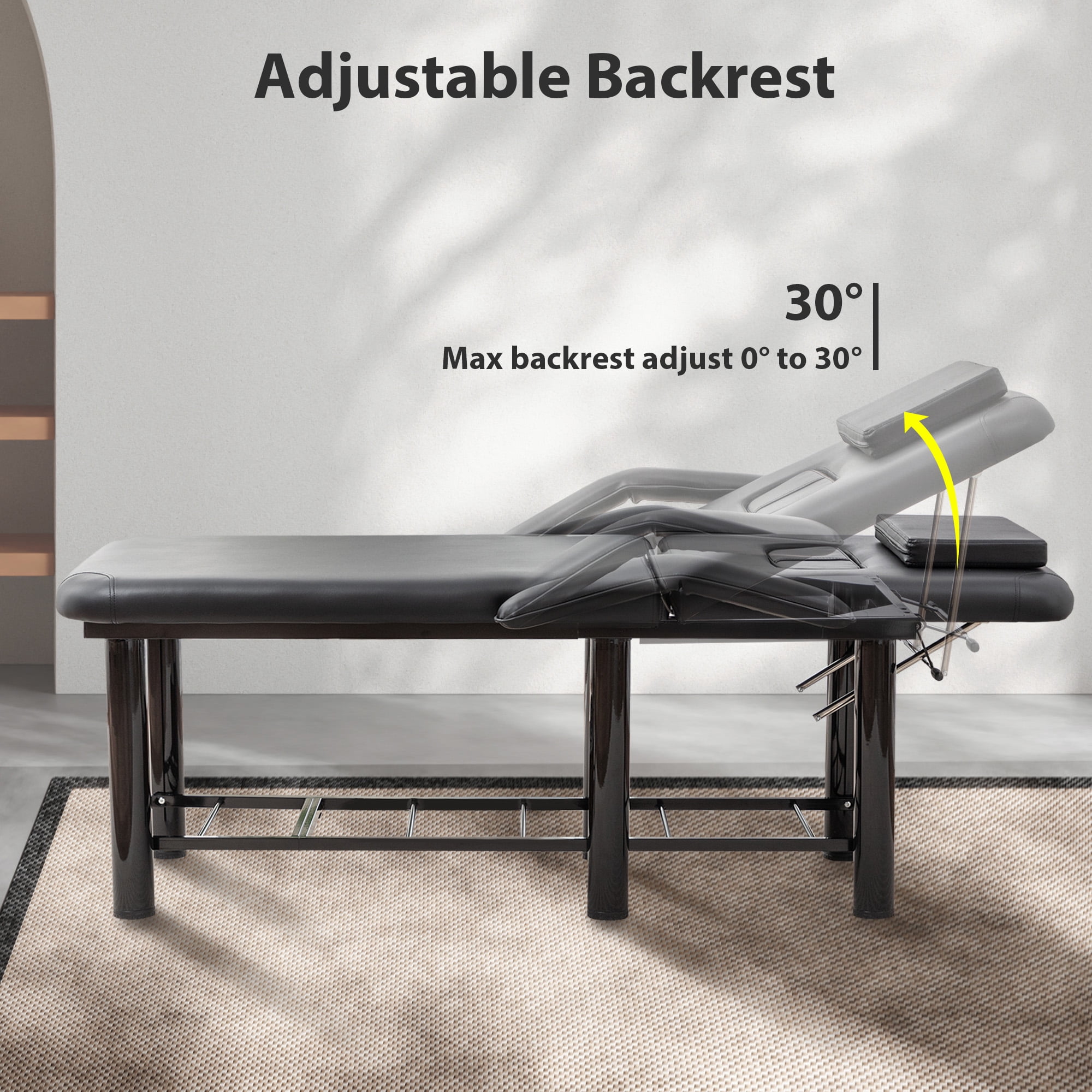 Miniyam 73.7" x 26.8" x 25.6" Professional Beauty Bed – Removable Headrest & Breast Cushions, Armrests, Storage Shelf – for Massage, Facial, Tattoo, Spa – Black