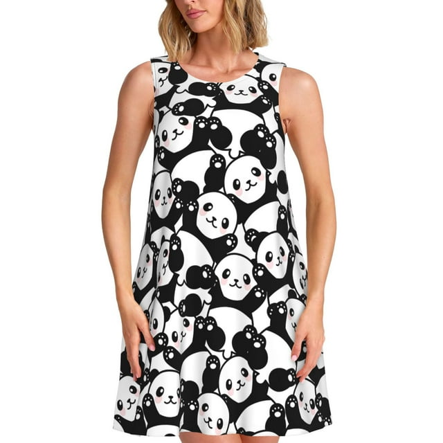 KLL Seamless Pattern Cute Panda Pattern Womens Summer Dresses 2025,Loose Round Neck Sleeveless Sundresses Tank Dresses with Pockets