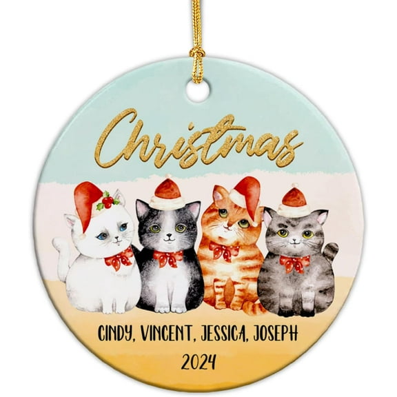 Personalized Four Cat Friends Christmas Tree Ornament, Custom Names Year Cat Lover Gifts for Christmas, Friends Holiday Xmas Tree Decor, 4 Friends Ceramic Ornament, Gift for Bestie BFF phGzE7