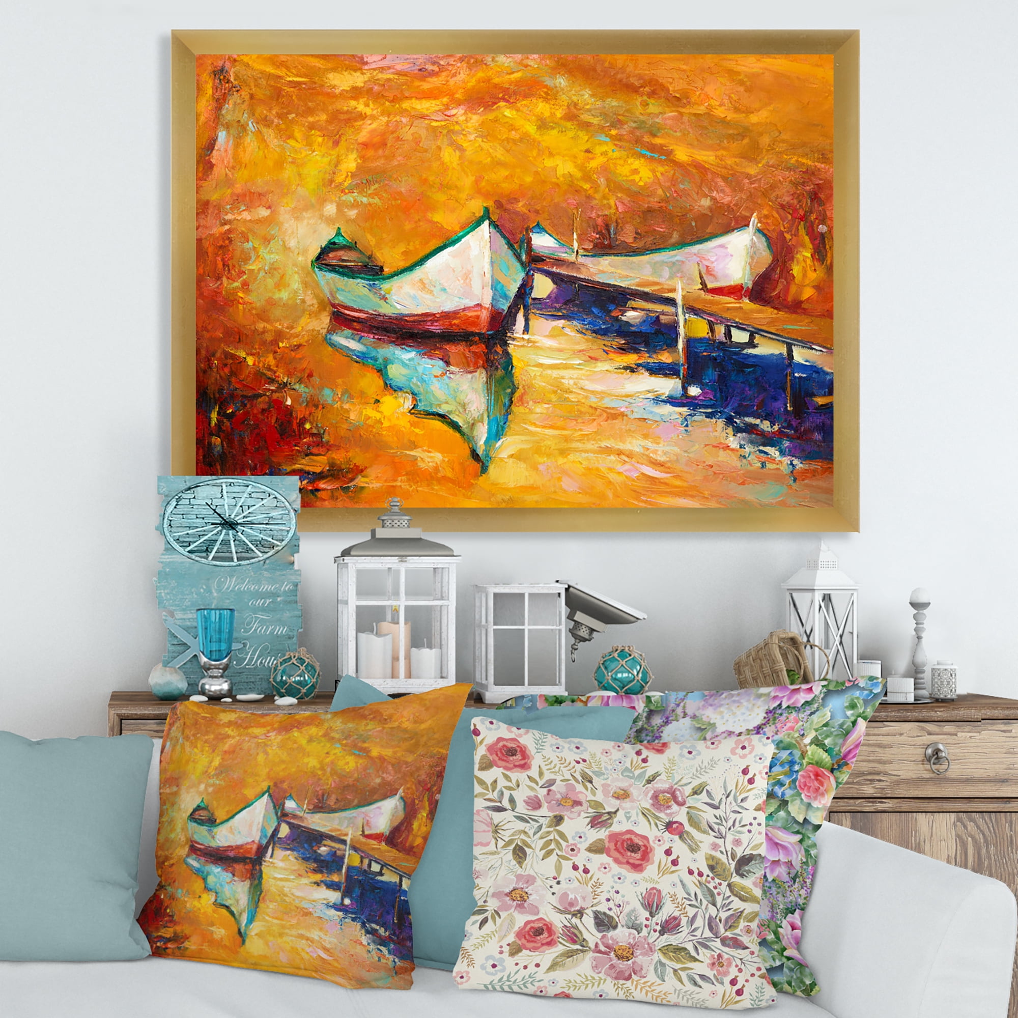 Little Boat During Warm and Orange Evening 32 in x 16 in Framed Painting Canvas Art Print, by Designart