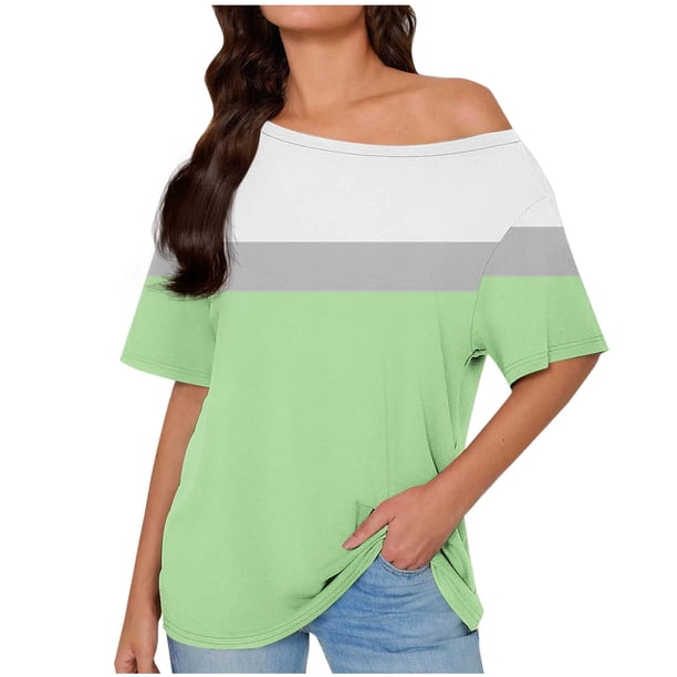 Tops de Manga Corta para las Mujeres Cuello Inclinado de Ajuste Suelto Casual Blusa Deportiva para el Hogar, Top de Poliéster Relajado para Primavera Verano Diario Y Entretenimiento