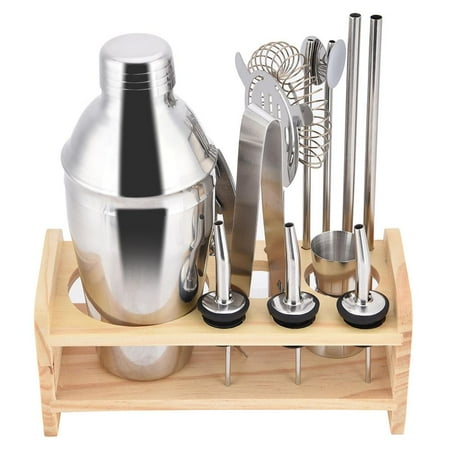 Cocktail Shakers For Sale Yosoo 13pcs Stainless Steel Cocktail Shaker Mixer Drinker with Wood Holder Stand Drinking Tool Bar, Cocktail Shaker Set, Bar Kit ()