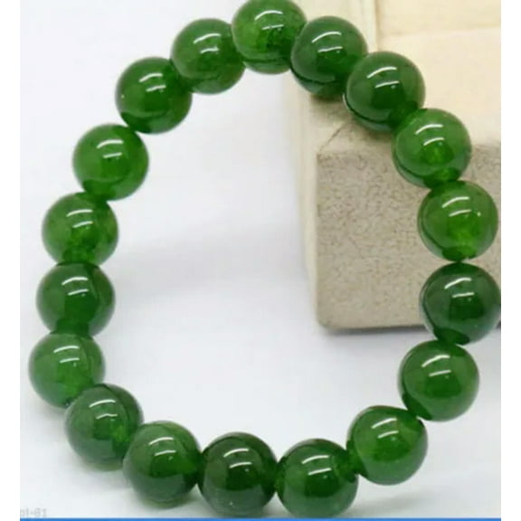 K-KED 10Mm Natural Dark Green Jade Round Gemstone Beads Stretchy Bangle Bracelet 7.5''-Green
