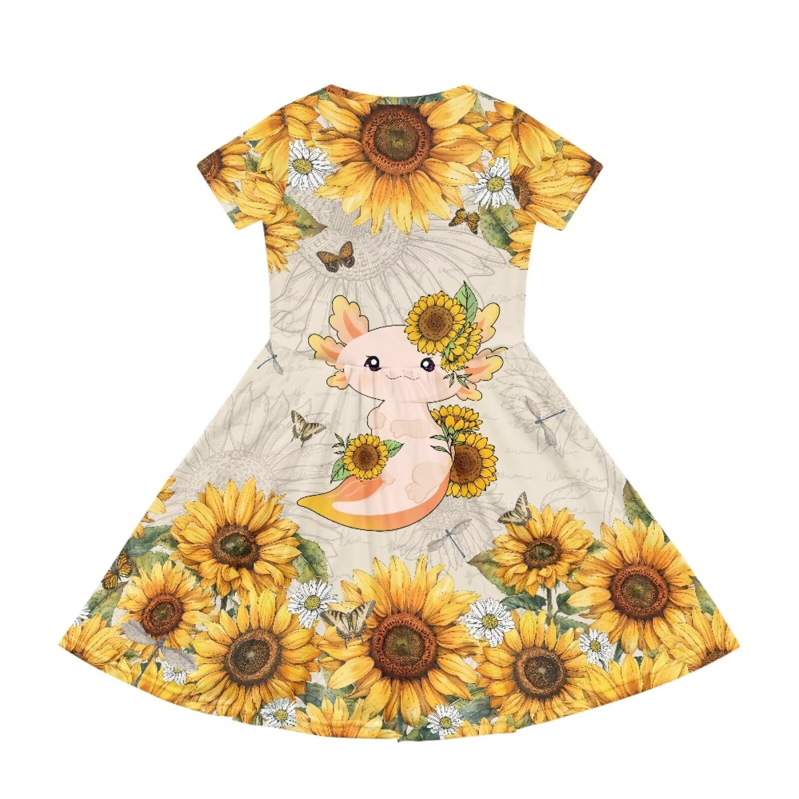 Uourmeti Axolotl Sundress Kids Cute Short Sleeve Swing Dress Sunflower Crewneck Knee Length A-Line Dresses with Pockets for Girls Toddlers Teens