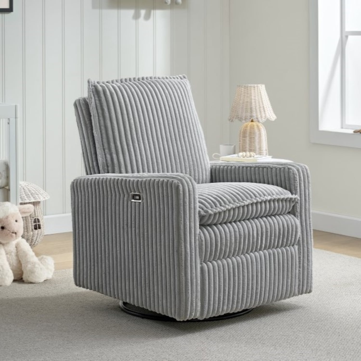 Oxford Baby Uptown Power Upholstered Glider Recliner Rocking Chair 270° Swivel for Nursery and Living Room – Corduroy Ash Gray​