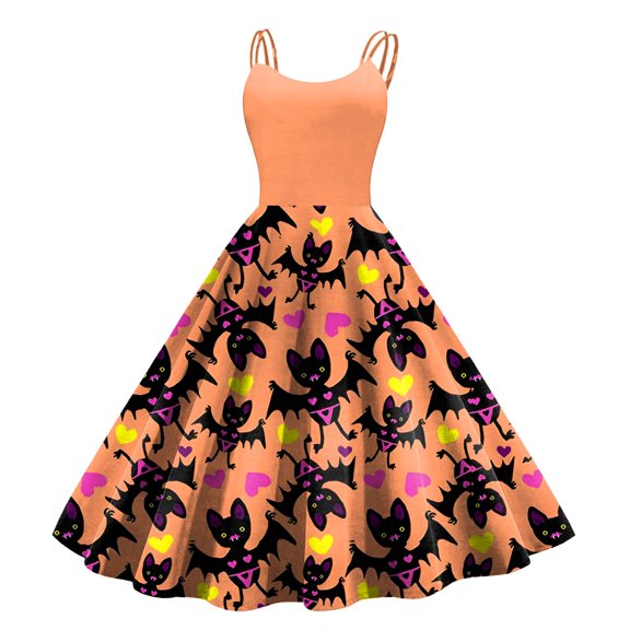 XIAOCHA Halloween Print Swing Dress For Women Spaghetti Strap Vintage Party Gown
