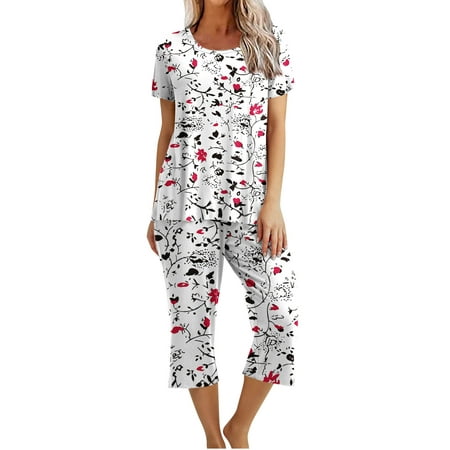

Womens Sleepwear Capri Pajama Sets Two Piece Crewneck Short Sleeve Tops Wide Leg Cropped Capris with Pockets Homewear